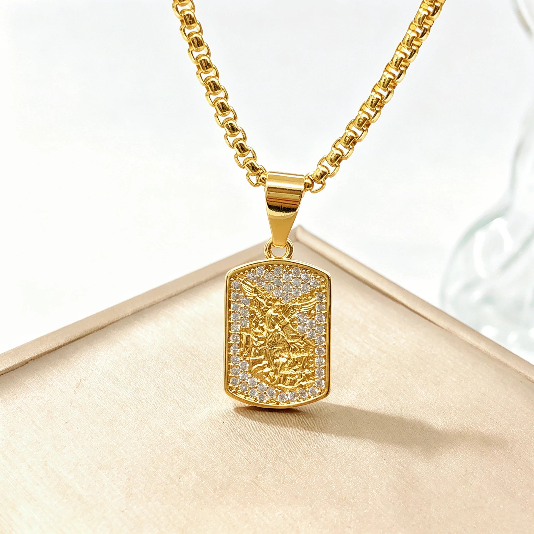 High Quality Square Religious St. Michael Stainless Steel Necklace Fashion for Men Women Party Gold/Rose Gold Zircon Jewelry Qme 4 60cm