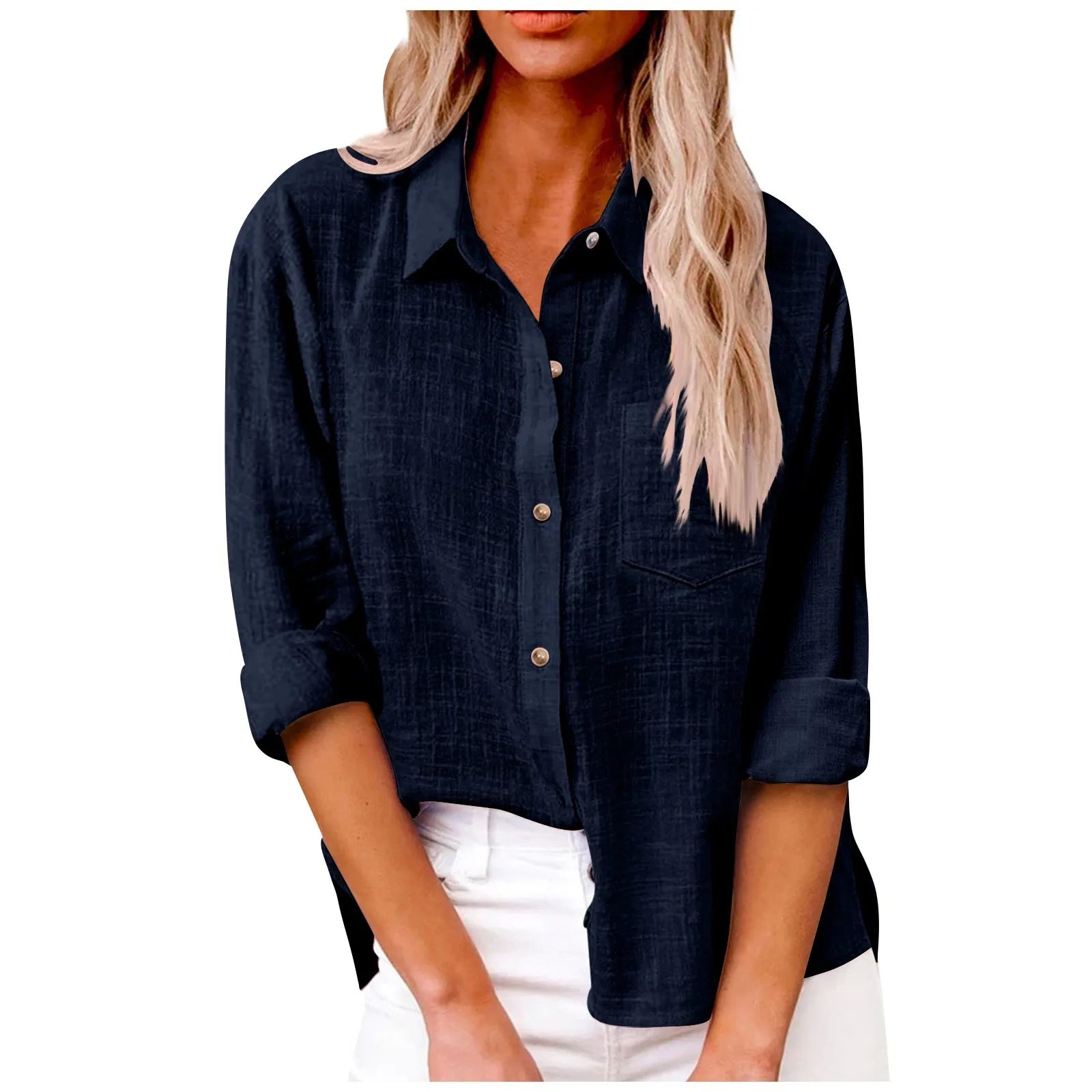 Women’s Long Sleeve Turn Down Collar Solid Color Retro Versatile T-shirts Large Sized Daily Basic Minimalist Dress Shirt For Lad Qme Navy L
