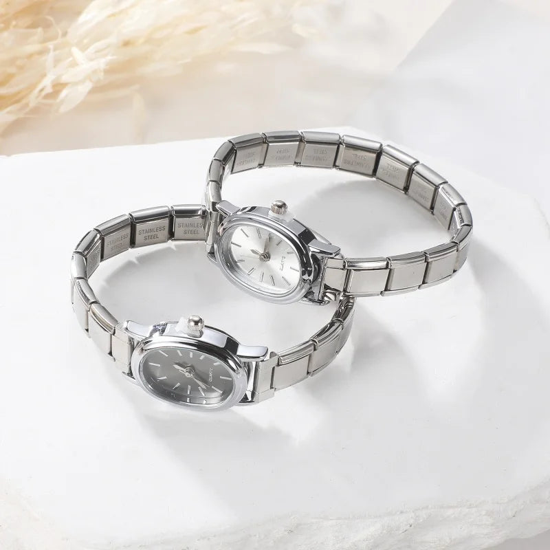 2026 Golden Round Watch Gift Watch Men Women 9MM Width Italian Elastic Charm Stainless Watch Header Linker Bracelets Jewelry DIY Qme