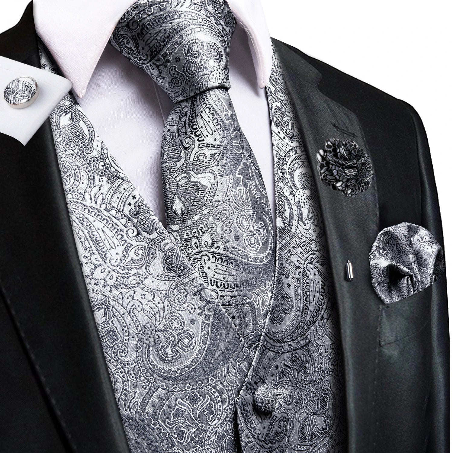 Mens Vests Jacquard Waistcoat Neck Tie Hanky Cufflinks Brooch Men Qme
