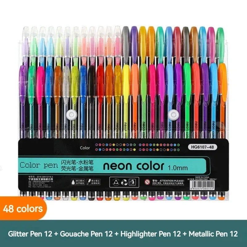 12-60Pcs Metallic Glitter Colors Gel Pens & Pen Refills For School Office Adult Coloring Book Journals Drawing Art Markers Qme 48 Colors Pen