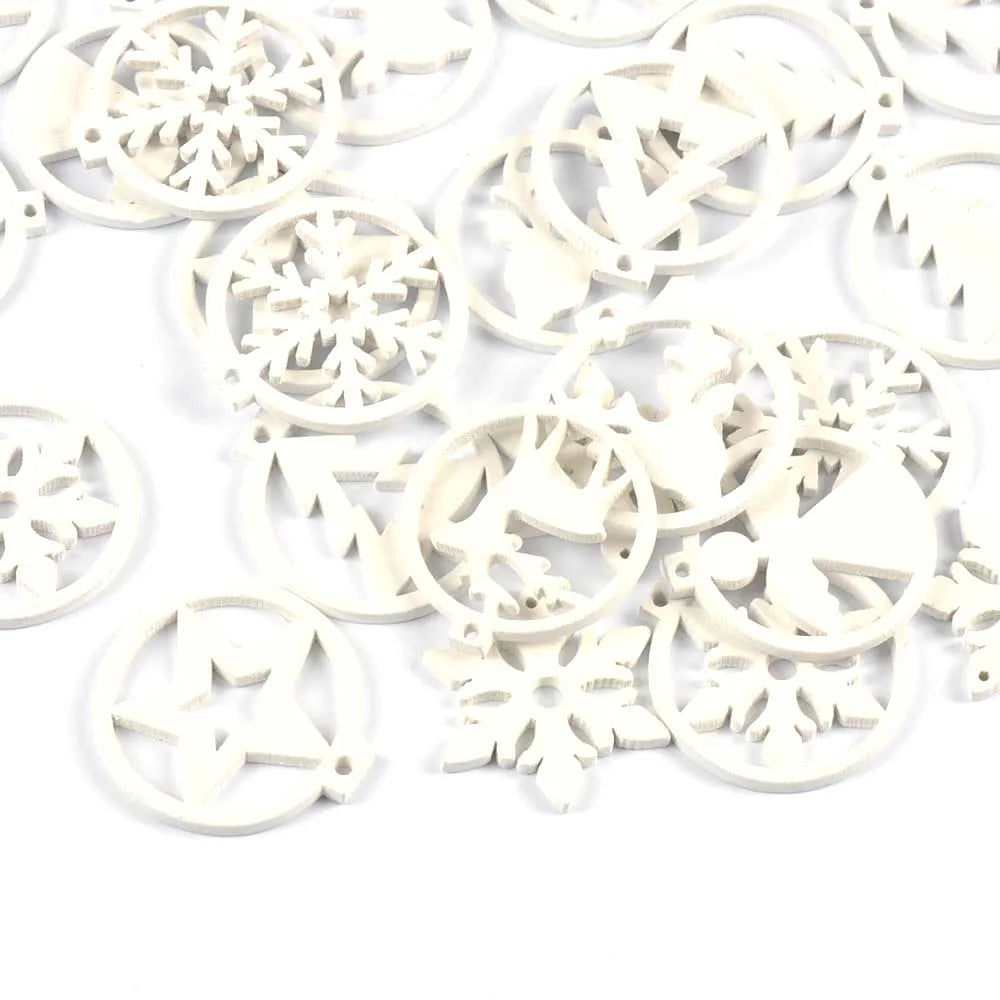 30Pcs Christmas Round White Snowflake Tree Angel Wooden Pendant Hanging Oranments DIY Handmade Supplies Xmas Home Party Decor Qme
