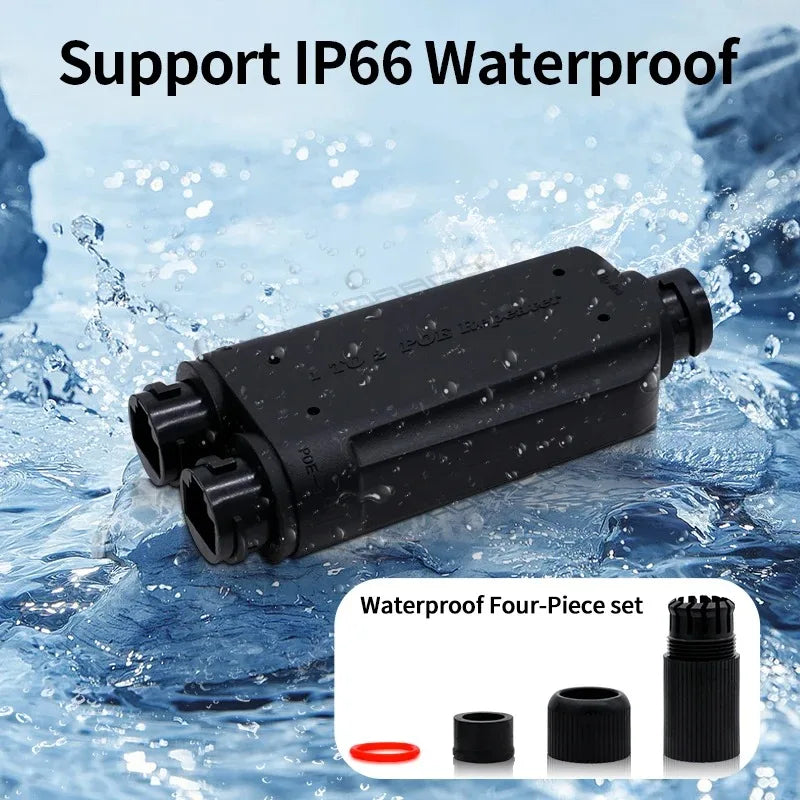 2 Port Waterproof POE Repeater IP66 10/100Mbps 1 to 2 PoE Extender with IEEE802.3af/at 48V Outdoor for POE Switch Camera Qme