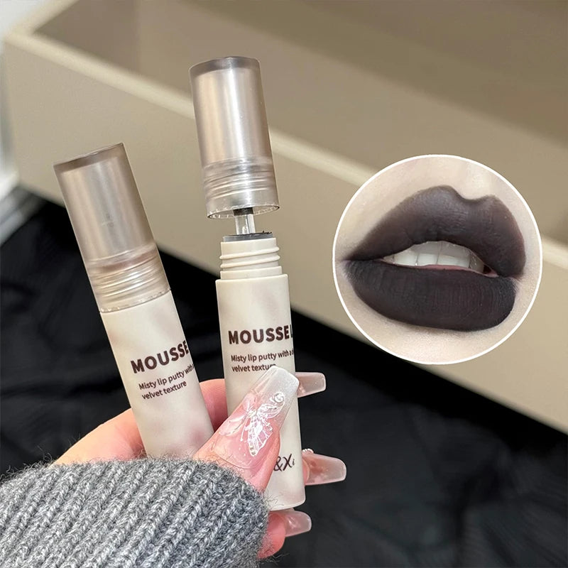 Gothic Matte Black Lip Mud Waterproof Lasting Lipstick Nude Brown Qme