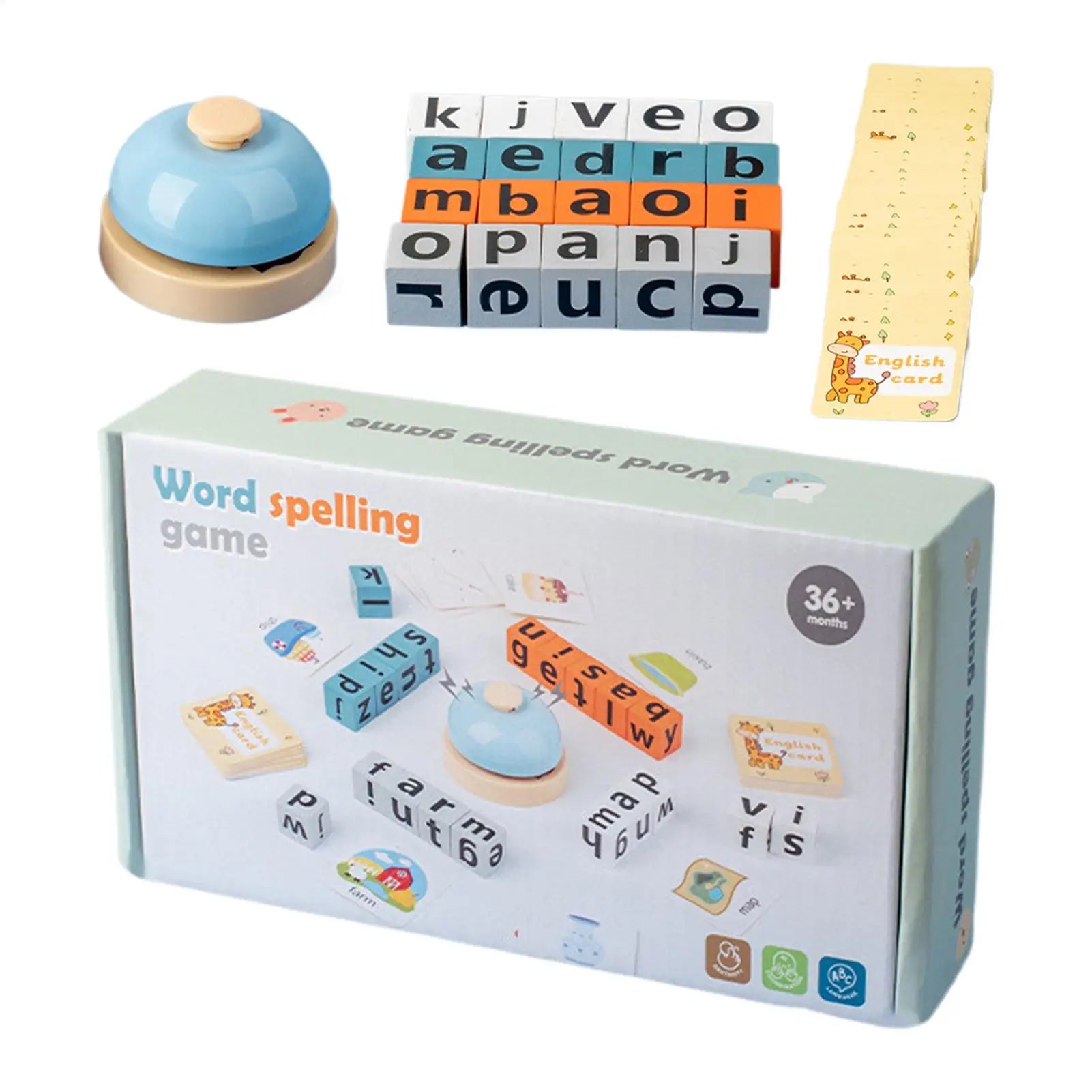 Wood Spelling Blocks Matching Letter Game with Flash Card Learning Toy with Bell Sight Words Recognition Game for Kids Ages3 4 5 Qme