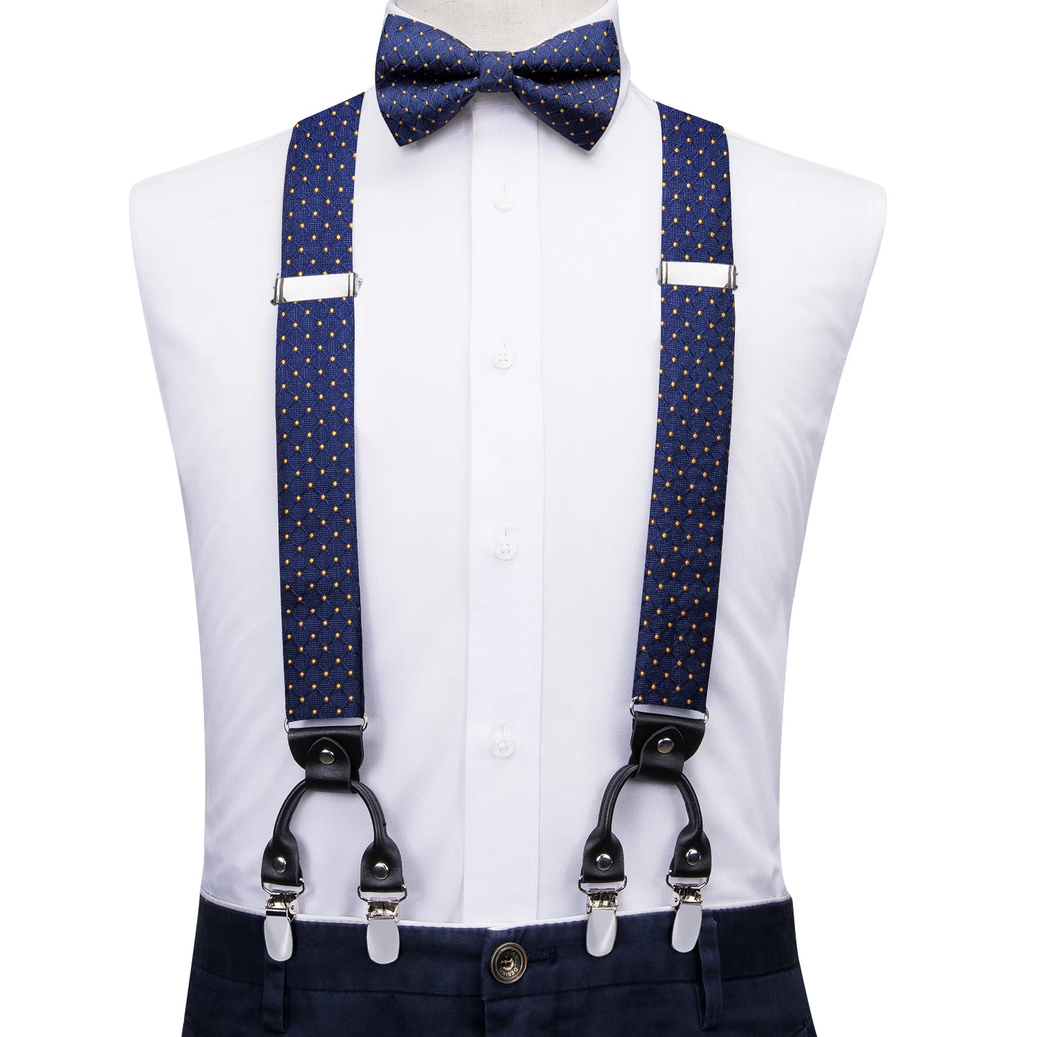 Silk Woven Mens Suspenders Bow Tie Hanky Cufflinks Strength 6 Clips