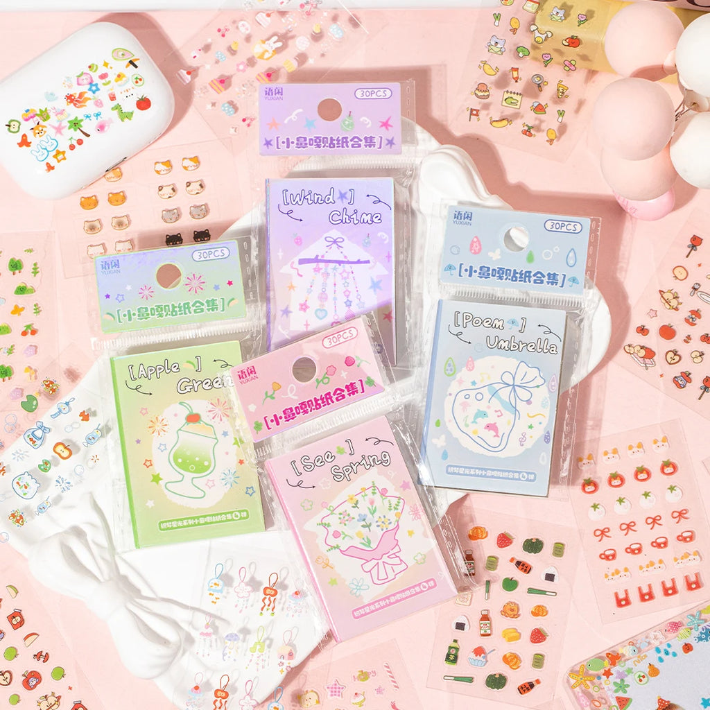 30 Sheets/Book Mini Cute Nail Stickers for DIY Scrapbooking Journal Phone Case Laptop Decoration Nail Art Water Decals Qme