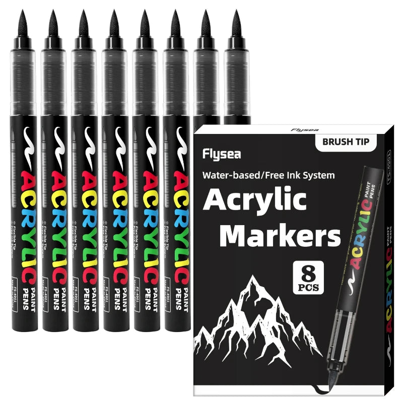 8Pcs Black/White Colors Acrylic Paint Pens Markers Brush Tip Paint Markers for Rock Painting Wood Stone Glass Gift DIY Crafts Qme 8 black