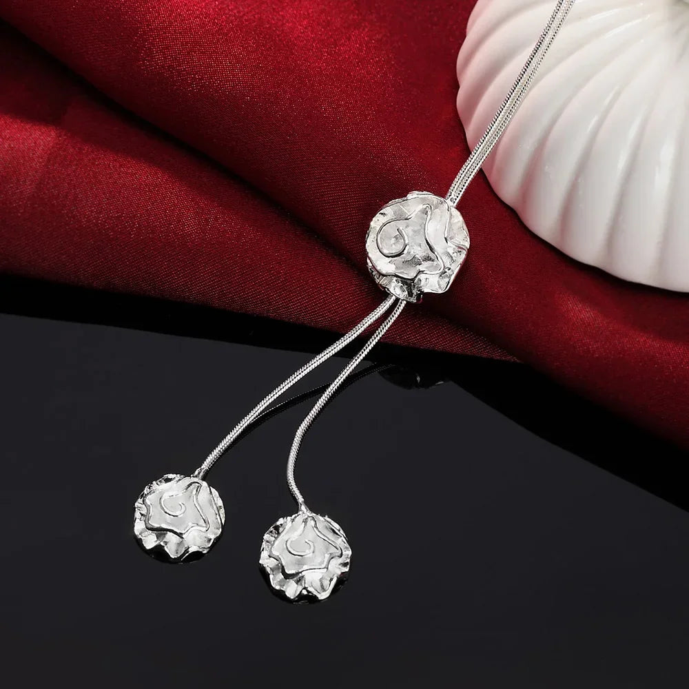 Beautiful Rose Flower Necklace 925 Sterling Silver for Women Charms Jewelry Fashion Party Wedding Christmas Gifts Qme