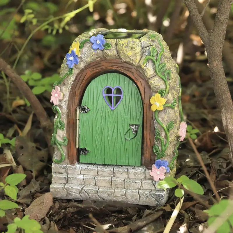 Garden Fairy Door Statue Outdoor Fairy Garden Gate Resin Tree Miniatures With Steps And Open Door Mystical Lighted House Qme