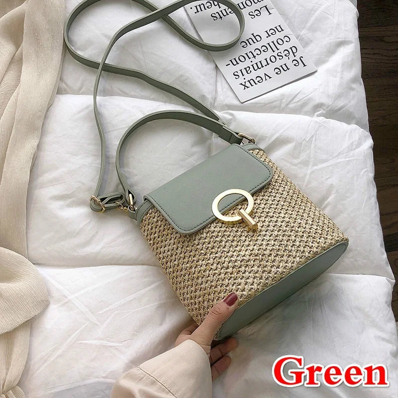 Small Straw Bucket Bags Women Summer Crossbody Lady Travel Purses Qme Green