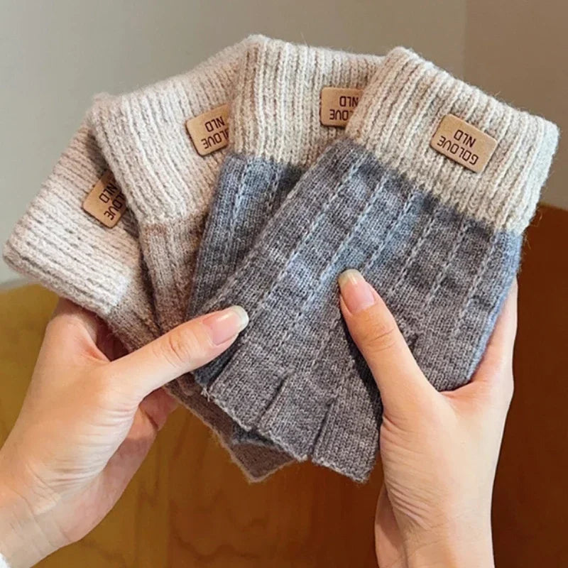 2024 Men Winter Fingerless Half Finger Knitted Gloves Office Warm Qme