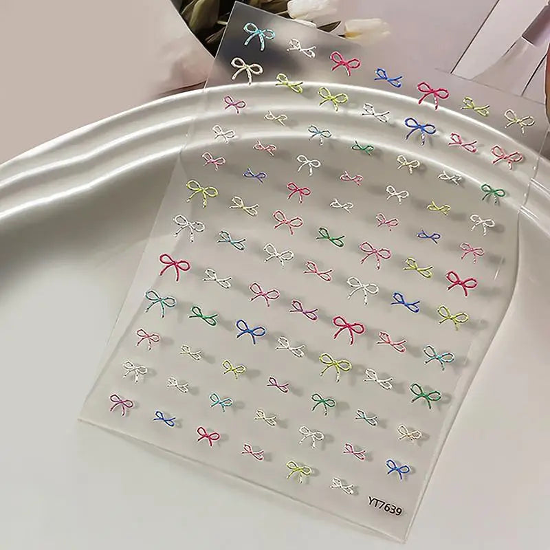 Colorful Bow Ribbon Bowknot Nail Sticker 3D Mini Appliques Adhesive Qme A4