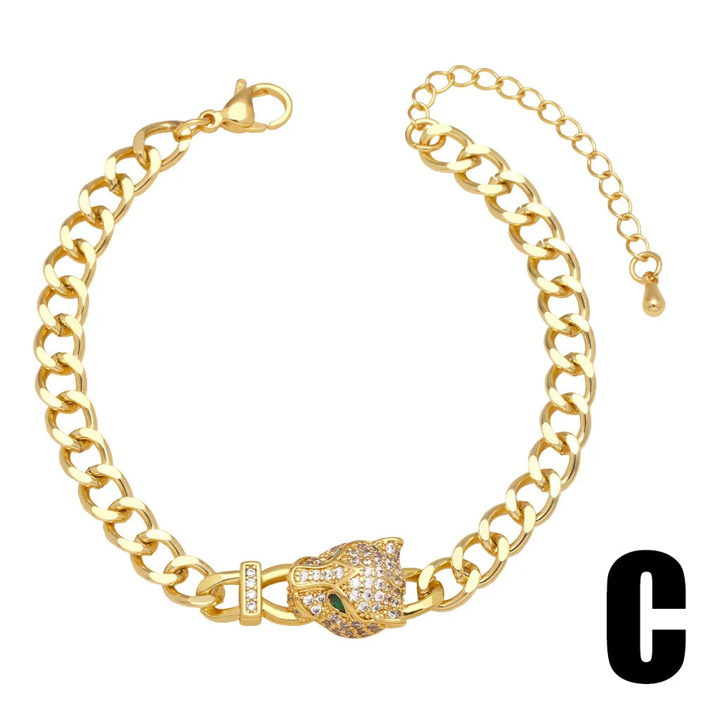 New Hot Punk Hip Hop Personality Leopard Head Bracelet Men and Women Cool Zircon Gold Plated Cuban Chain Wholesale Qme