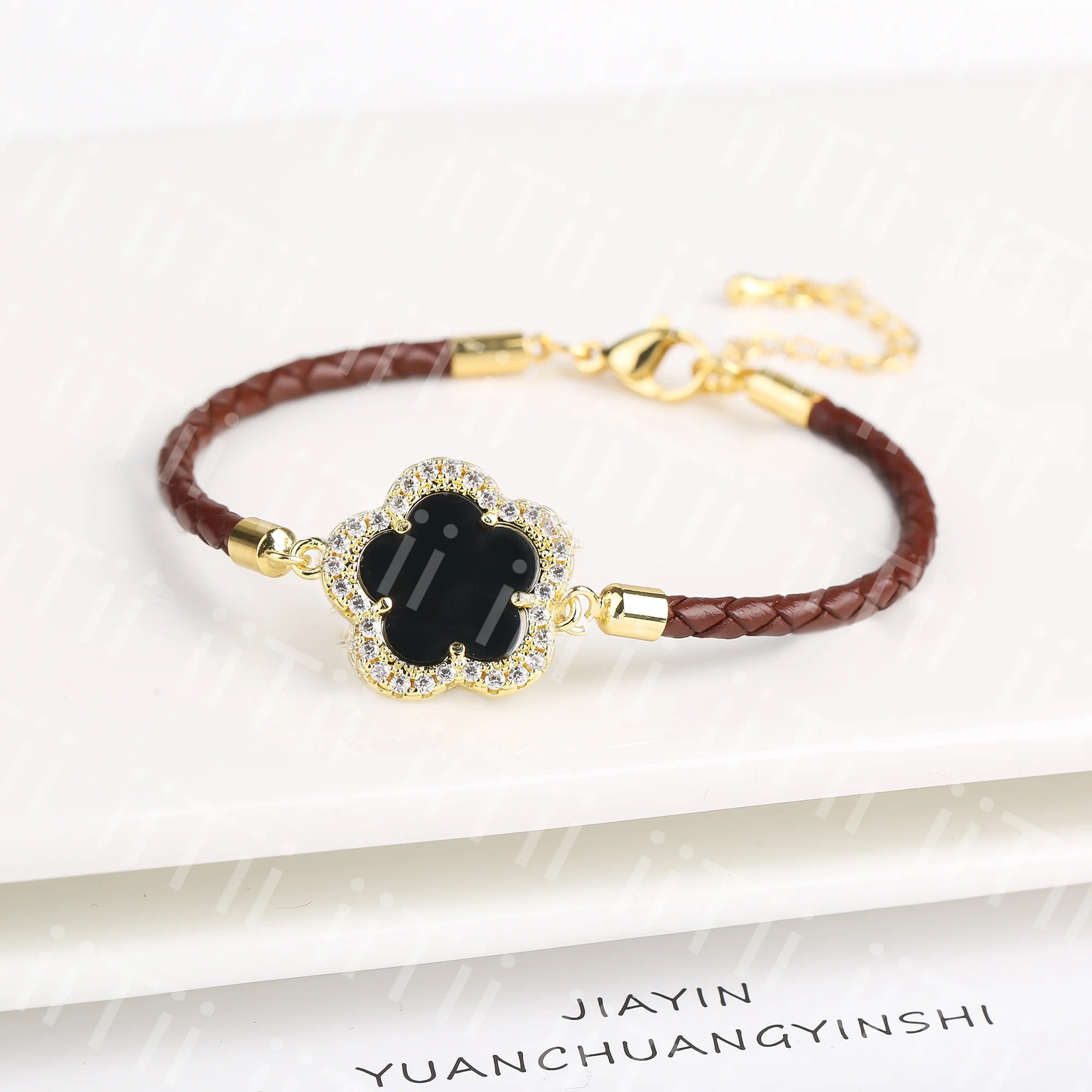 2024 Classic Shiny Zirconia Stone Five Leaf Flower Leather Braided