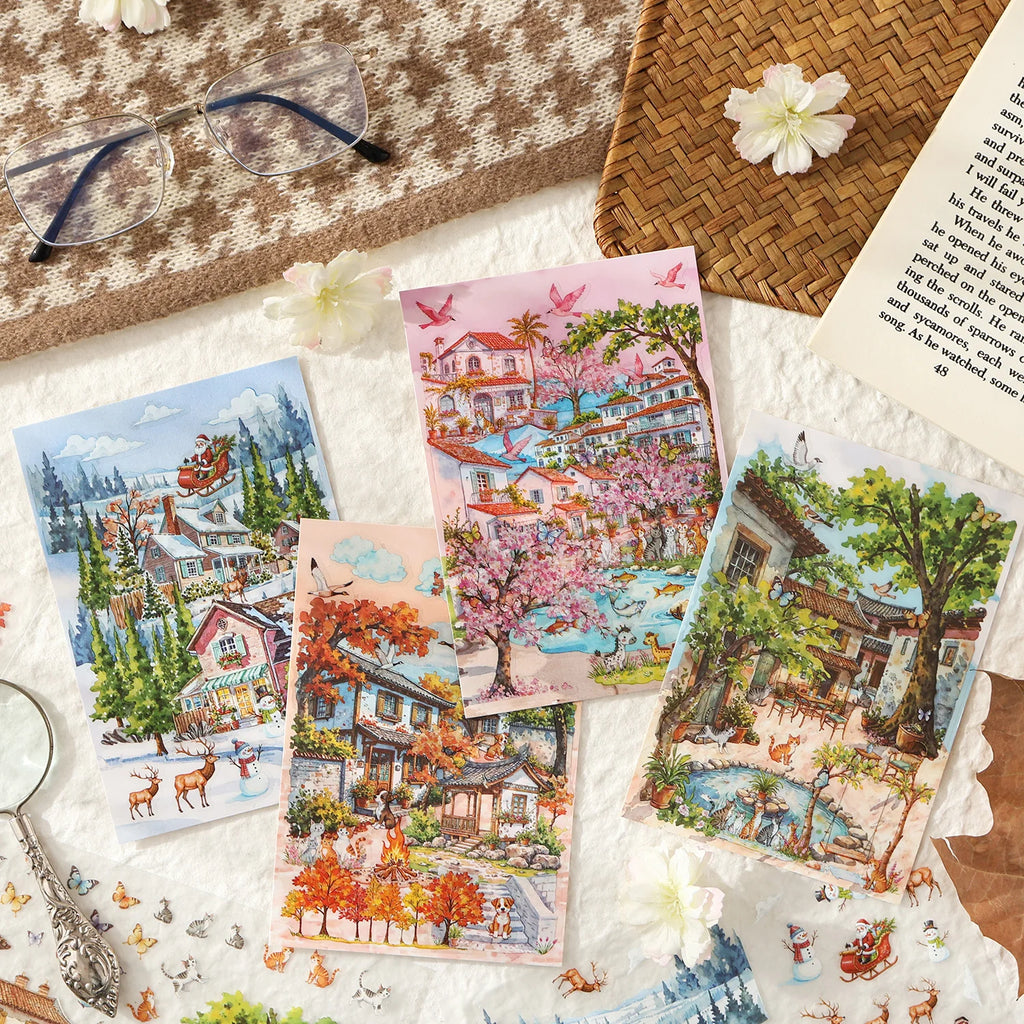3 pcs Four Seasons Scenery PET Die Cut Sticker Pack Handmade Scrapbook Diary Stickers Decorative Aesthetic Stationery Supplies Qme