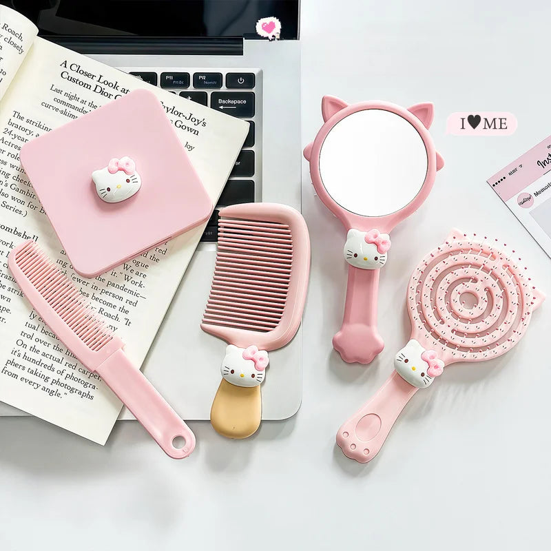 Hello Kitty Volumizing Openwork Comb Massage Cushion Comb Air-Cushion Comb Straightening Comb and Mirror 4-Piece Set Qme
