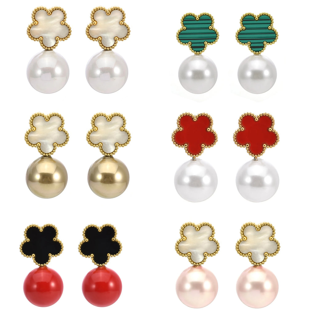 Stainless Steel Plum Blossom Flower Five Leaf Flower Pearl Drop Earrings Fashion for Women Party Jewelry Clover Daily Wear Qme