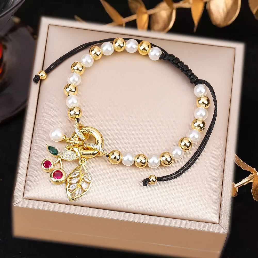 High Quality Pearl Chain Braided Crystal Cherry Adjustable Rope Bracelet Charming For Woman Girl Party Jewelry Gift Daily Wear Qme V