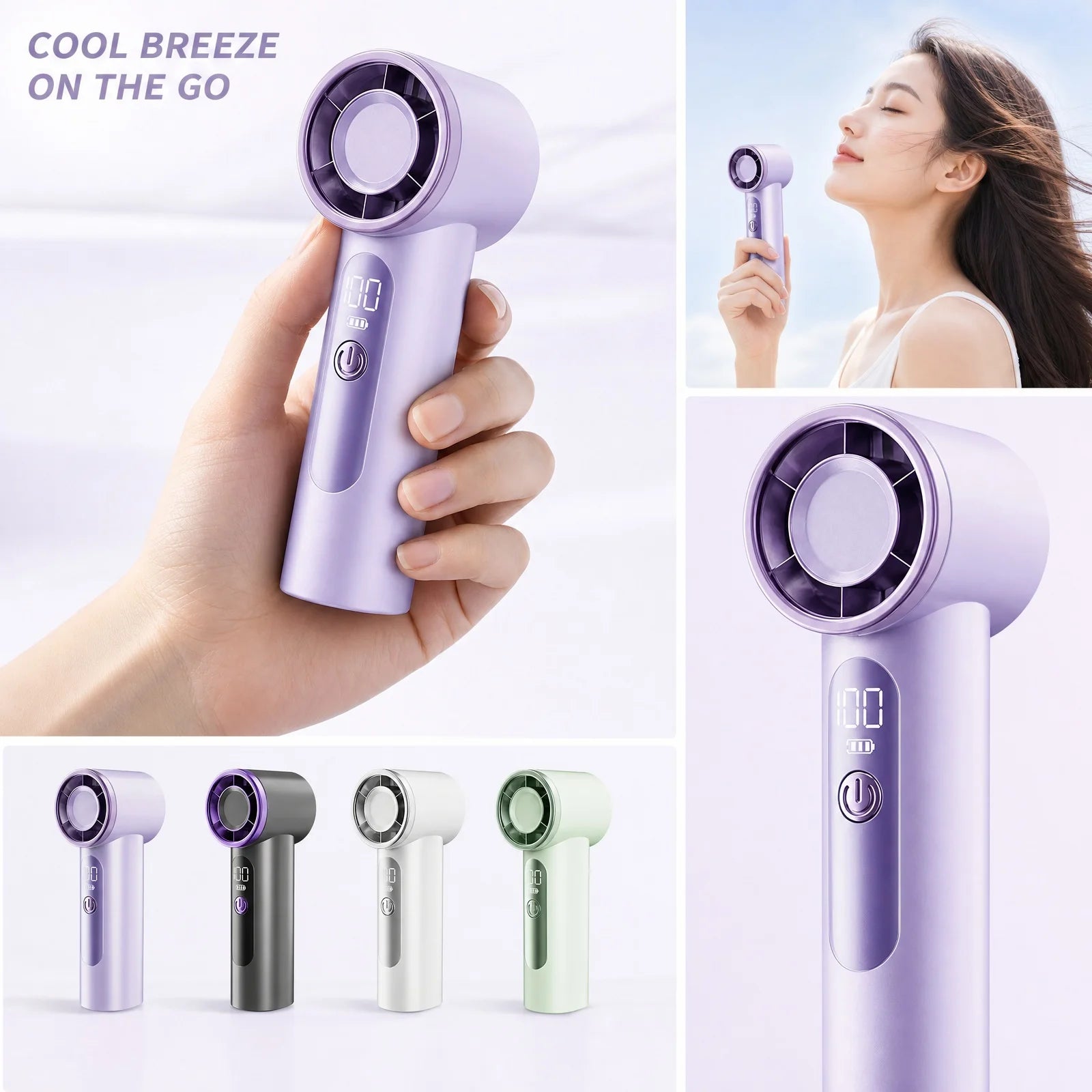 USB Rechargeable Handheld Fan with Digital Display Small Portable Fan for School Office and Outdoor Travel Picnic Sports Use Qme