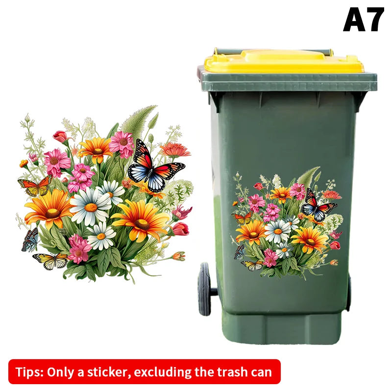 Trash Can Stickers Floral Wheel Self-adhesive Waterproof PVC Decals Qme A7