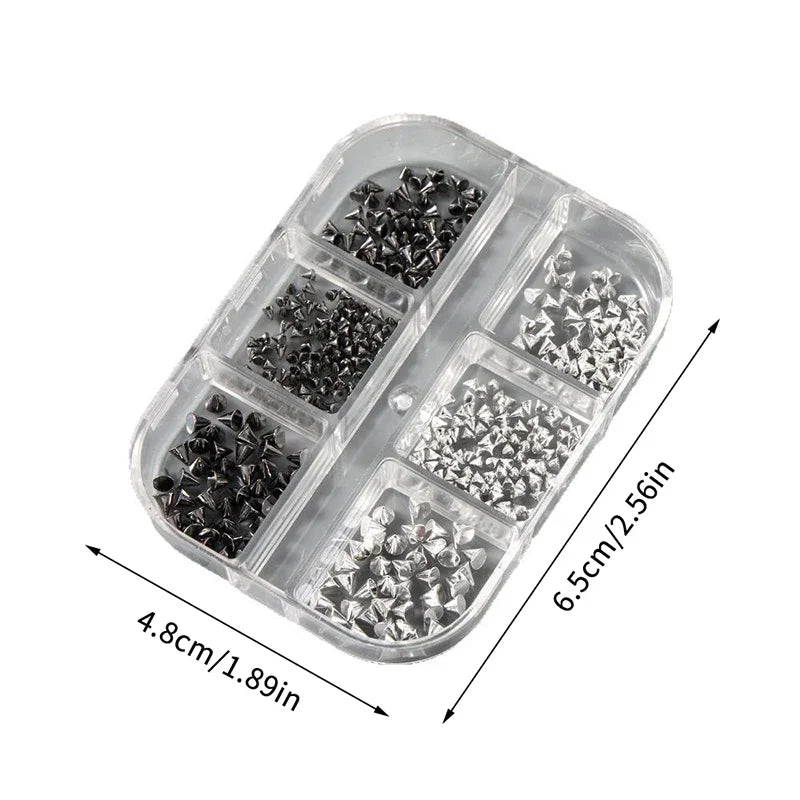 6 Grids Y2K Punk Metal Rivet Nail Charms Cone Mixed Sized Black Qme