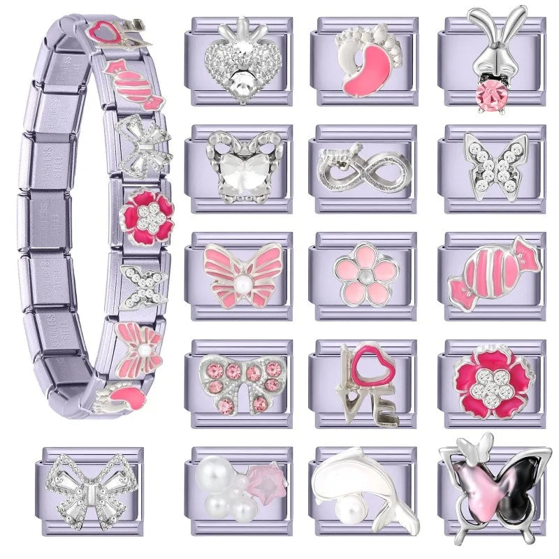 Fashion Zircon Bow Butterfly Cute Rabbit Italian Charms Links DIY Stainless Steel Bracelet Accessories Women Jewelry Making Gift Qme