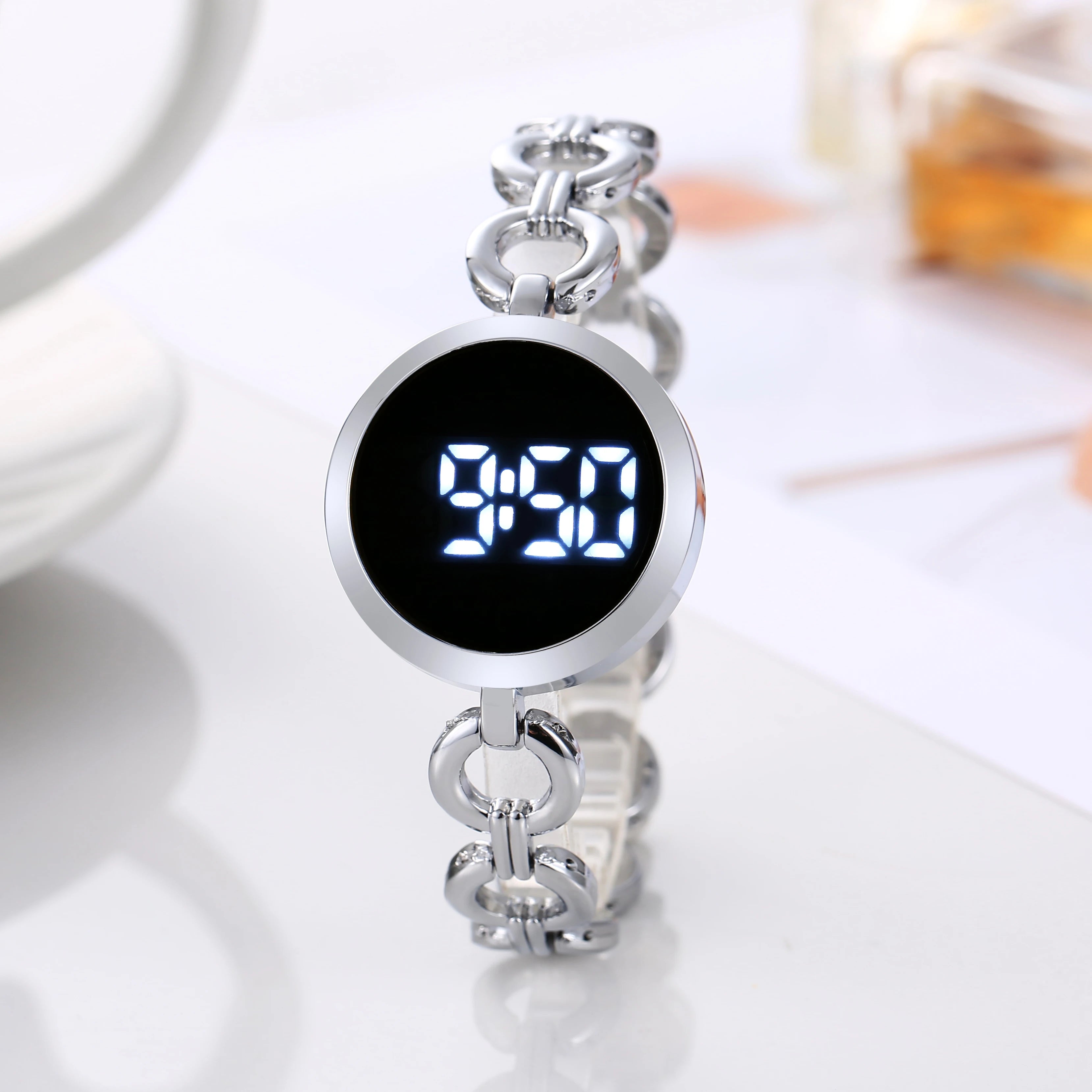 Fashion Chain Watch Women's Steel Belt Student Bracelet LED Electronic Women's Touch Watch Qme Silver