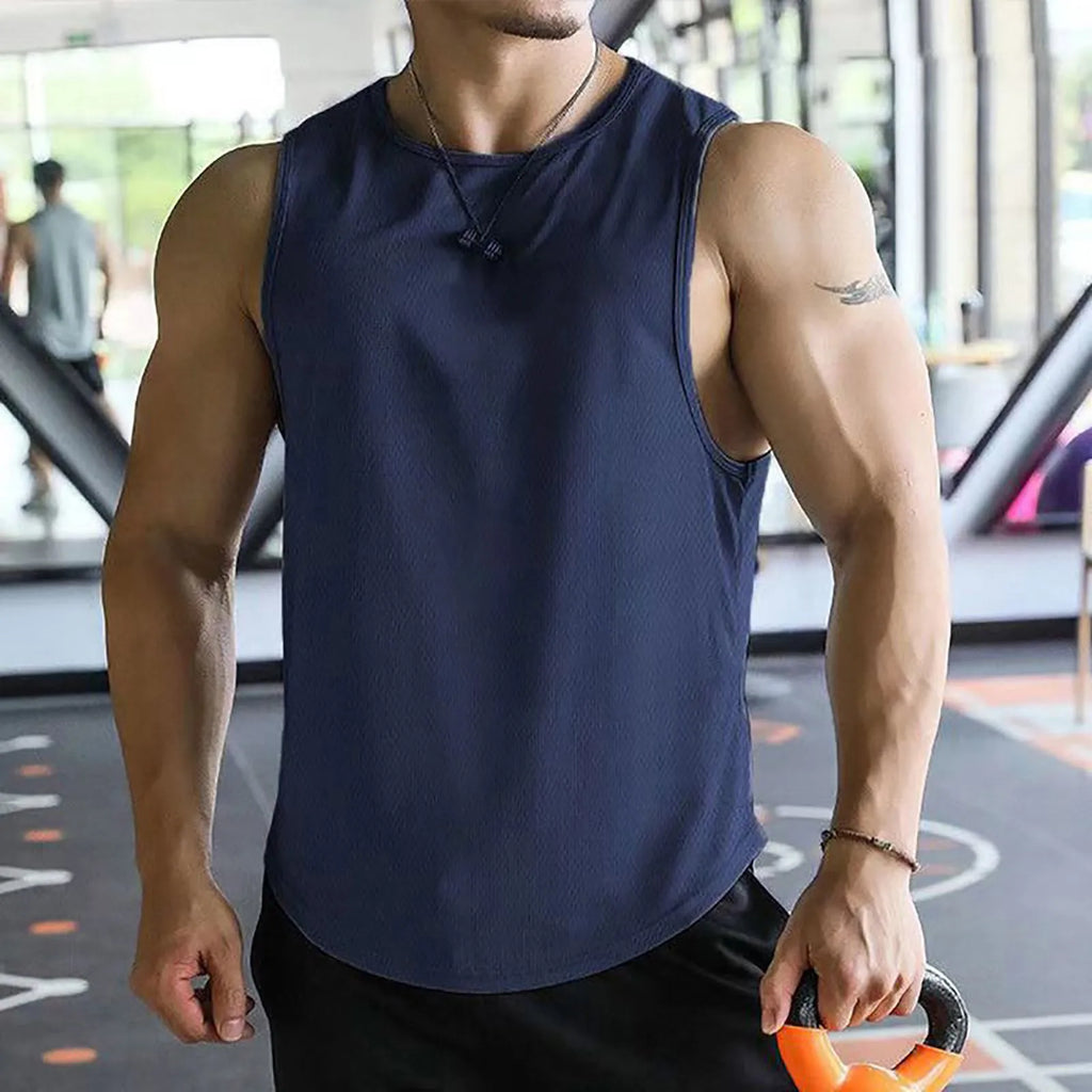 2026 Men’s Summer Solid Color Tight Vest Lightweight Breathable Quick-Dry Gym Muscle Fitness Bodybuilding Sleeveless T-Shirt Qme Navy L