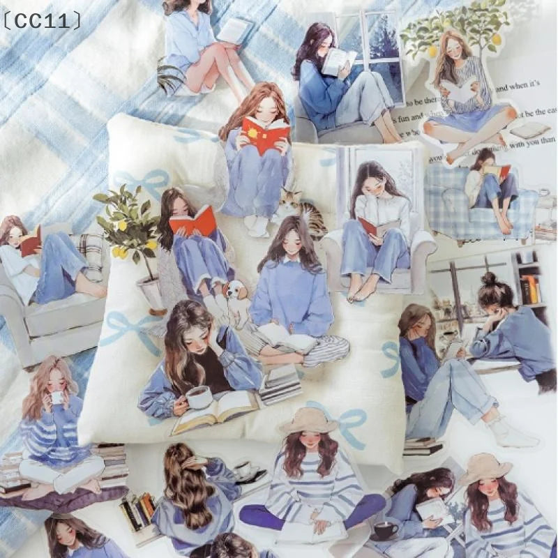 CC1130 Aesthetic Decals Labels Reading Girl Stickers Decorative Diary Qme