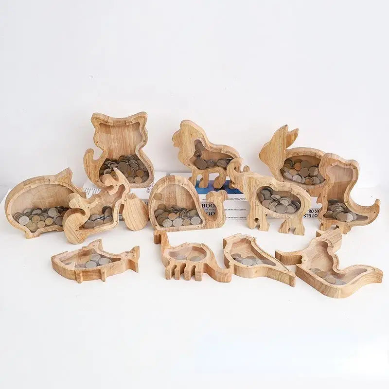 Wooden Animal Piggy Bank Transparent Cat Elephant Dinosaur Wood Qme