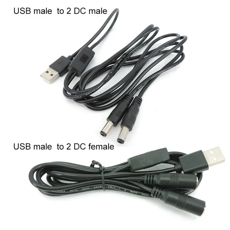 2PCS USB to DC5521 1 to 2 Power Cable Male to DC5525 Female Plug 2-Way Power Cord Qme