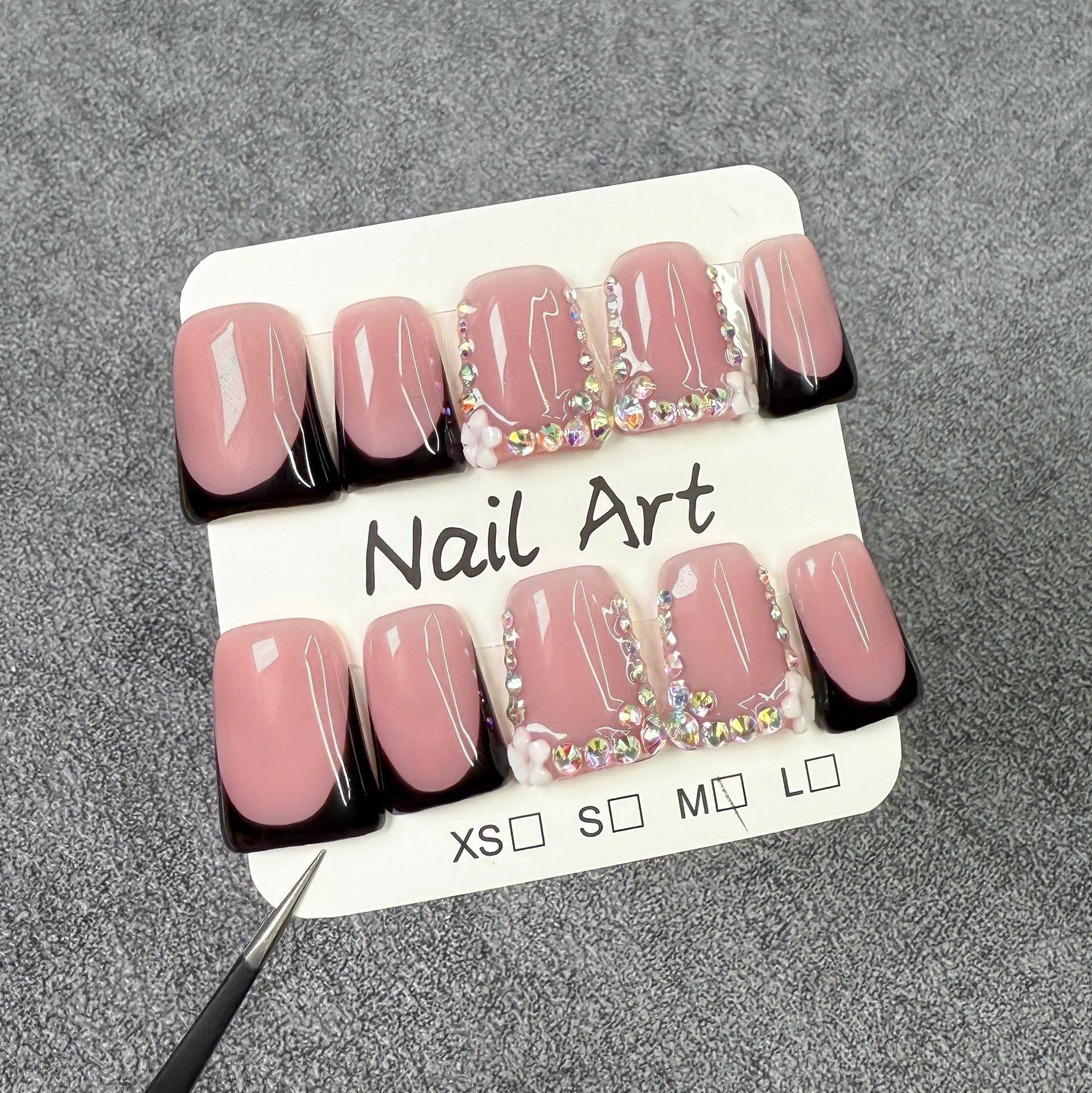Y2K Cool Spice Girls Black Pink Long Tip Handmade Press Nails Cross Qme ZB34-M