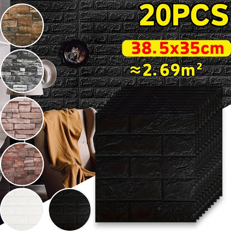 Waterproof Self Adhesive 3D Classic Brick Wallpaper 20Pcs 38.5cmx35cm Wall Sticker TV Backdrop Indoor Wall Decor Qme