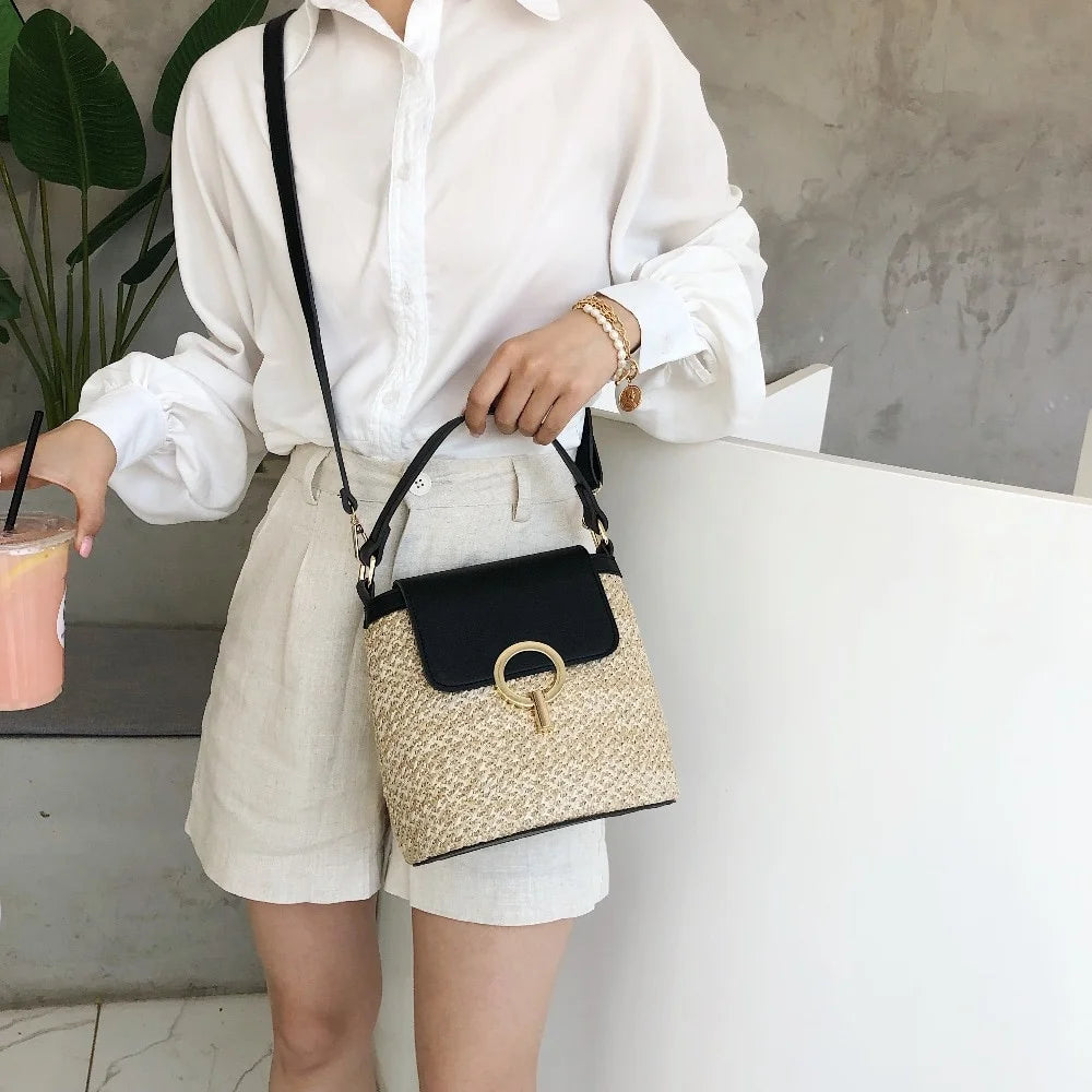 Small Straw Bucket Bags Women Summer Crossbody Lady Travel Purses Qme