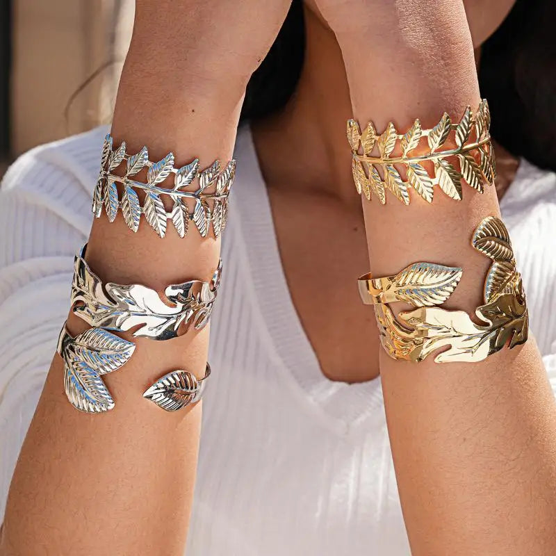 Vintage Ginkgo Leaf Butterfly Open Cuff Bangle Gold Silver Wide Statement Bracelet For Women Boho Party Jewelry Qme