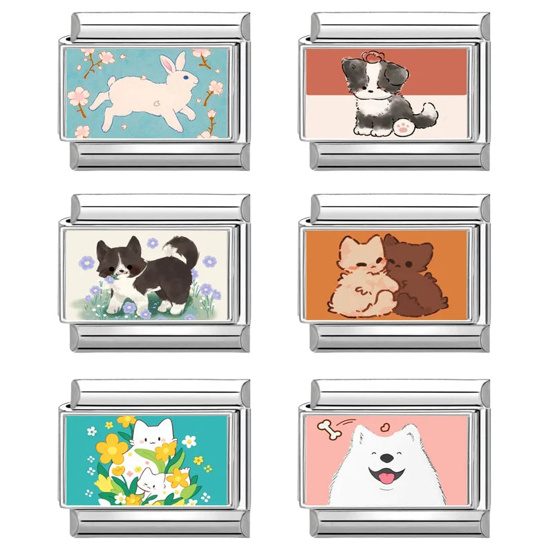 Design Cute Cartoon Animal Pet Series Cat Dog Rabbit Italian Link fit 9mm Stainless Steel Bracelet Making Gift DIY Charm Jewelry Qme