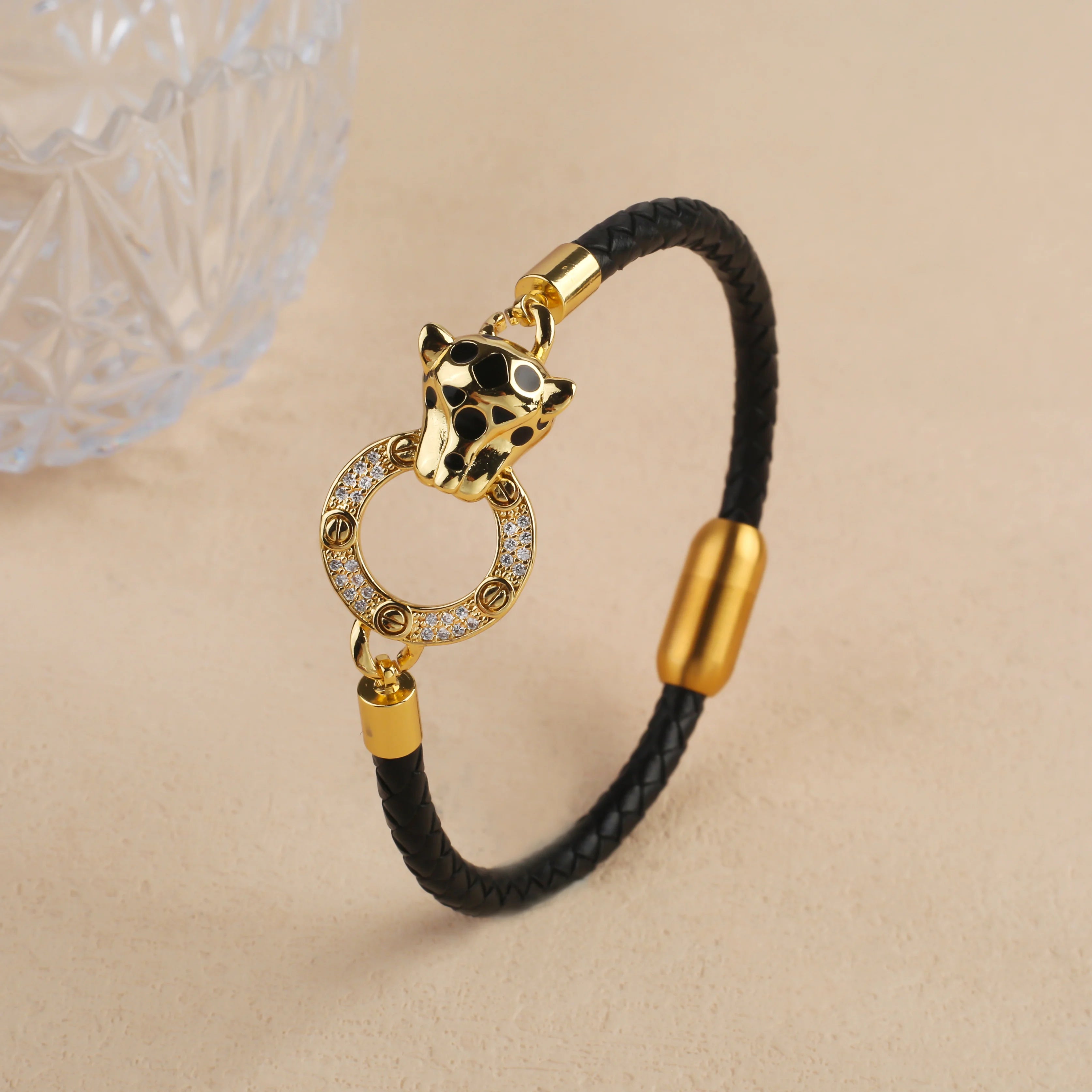 New Domineering Leopard Head Geometric Zircon Bracelet Stainless Steel Magnetic Clasp Bracelet Trendy For Men Women Jewelry Gift Qme