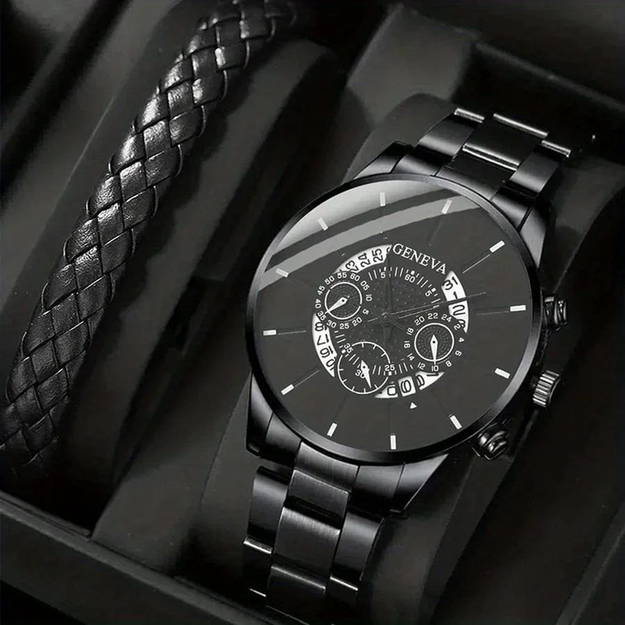 1pc Men's Round Dial Quartz Watch With Stainless Steel Strap & 1pc Bracelet Men's Accessories Qme Black White No