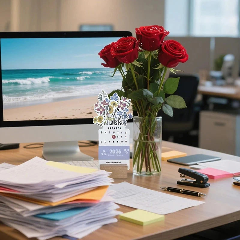 2026 Bloomy Flowers Mini Calendar Standing Desk Vase-like Desktop Qme