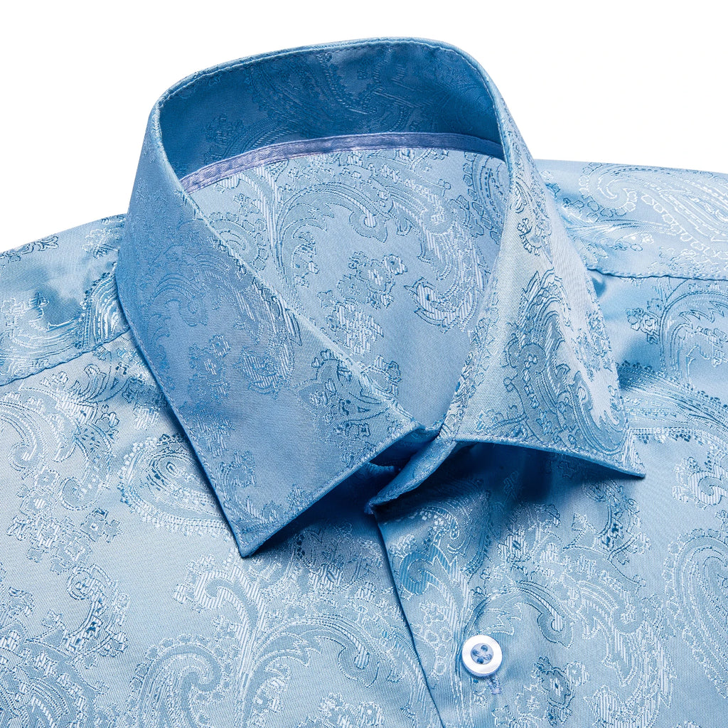 Hi-Tie Jacquard Paisley Light Blue Mens Shirt Long Sleeve Lapel Shirt Blouse Outerwear Wedding Office Breathable Quality Qme