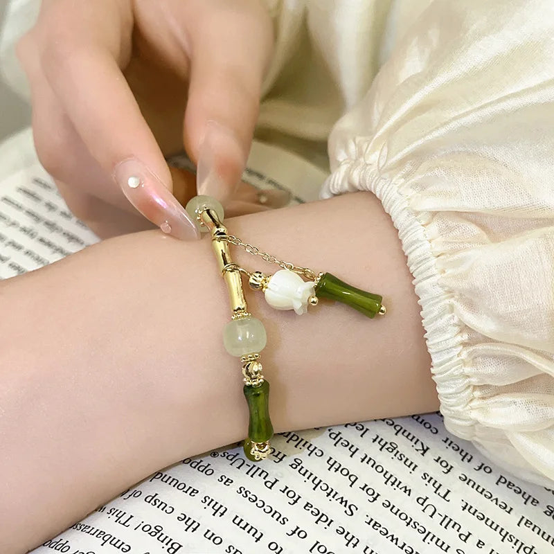 Exquisite Palace Imitation Jade Chilly Sense Chinese Style Sweet Bamboo Joint Orchid Bracelet for Women Romantic Green Beaded Qme