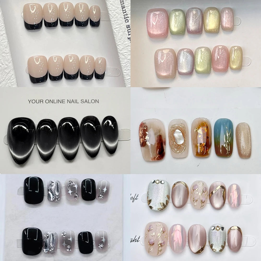 Black Handmade Almond Press Nails French Fake Short Square Coffin Cat Qme