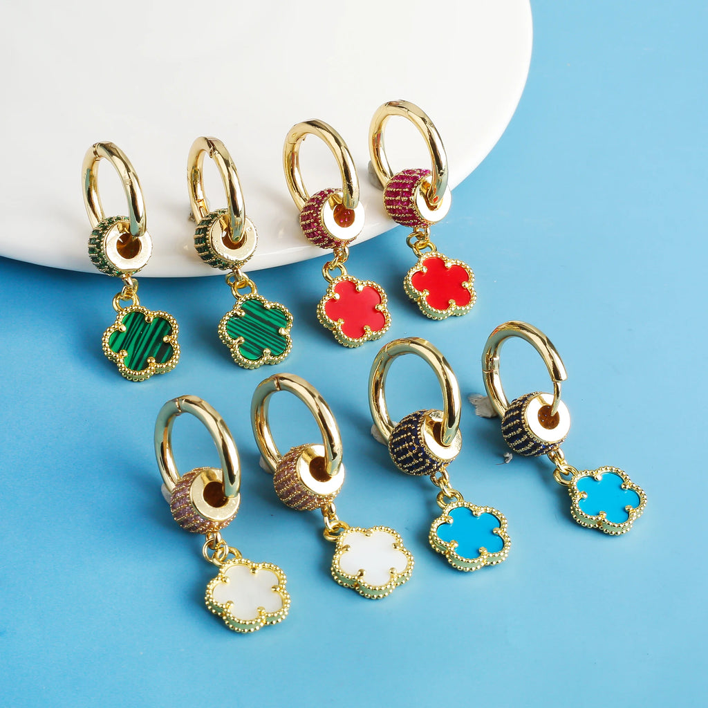 New Design Gold-Plated Five-Leaf Flower Stone Zircon Dangle Drop Earrings Creative For Woman Birthday Jewelry Accessories Clover Qme