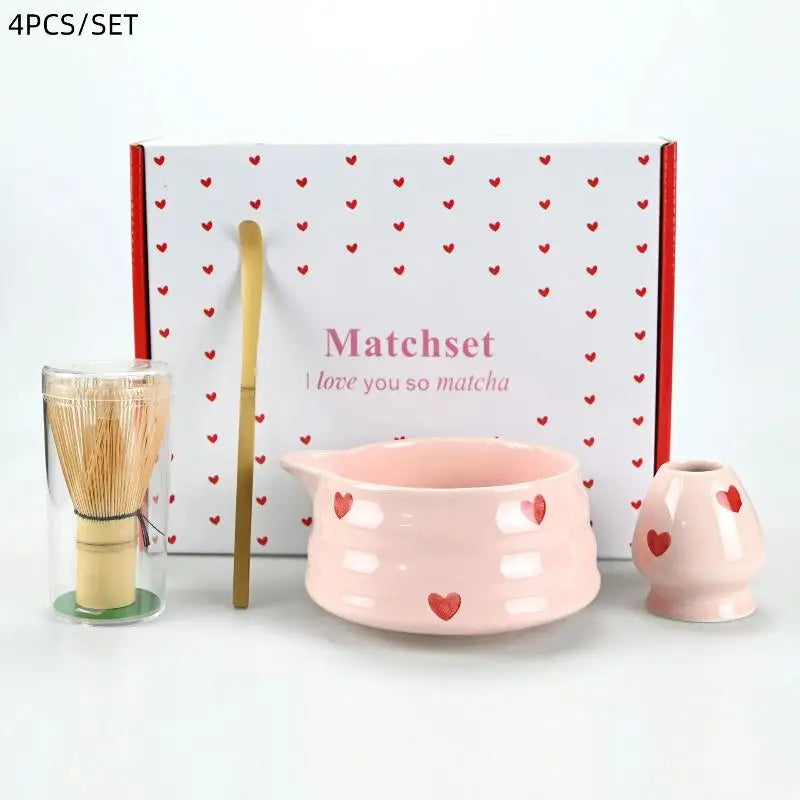 2 4 Sifter Heart Decal Ceramic Matcha Cute Includes Bowl Whisk Holder Qme 4pcs