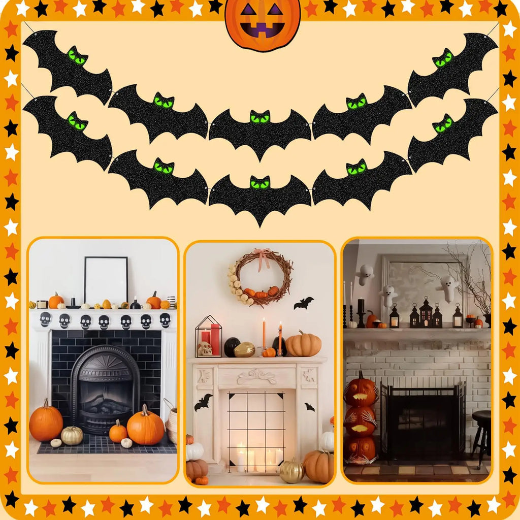 Halloween Bat Garland 8 2ft Festive Glitter Glowing Black Banner Qme