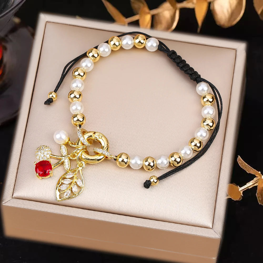 High Quality Pearl Chain Braided Crystal Cherry Adjustable Rope Bracelet Charming For Woman Girl Party Jewelry Gift Daily Wear Qme W