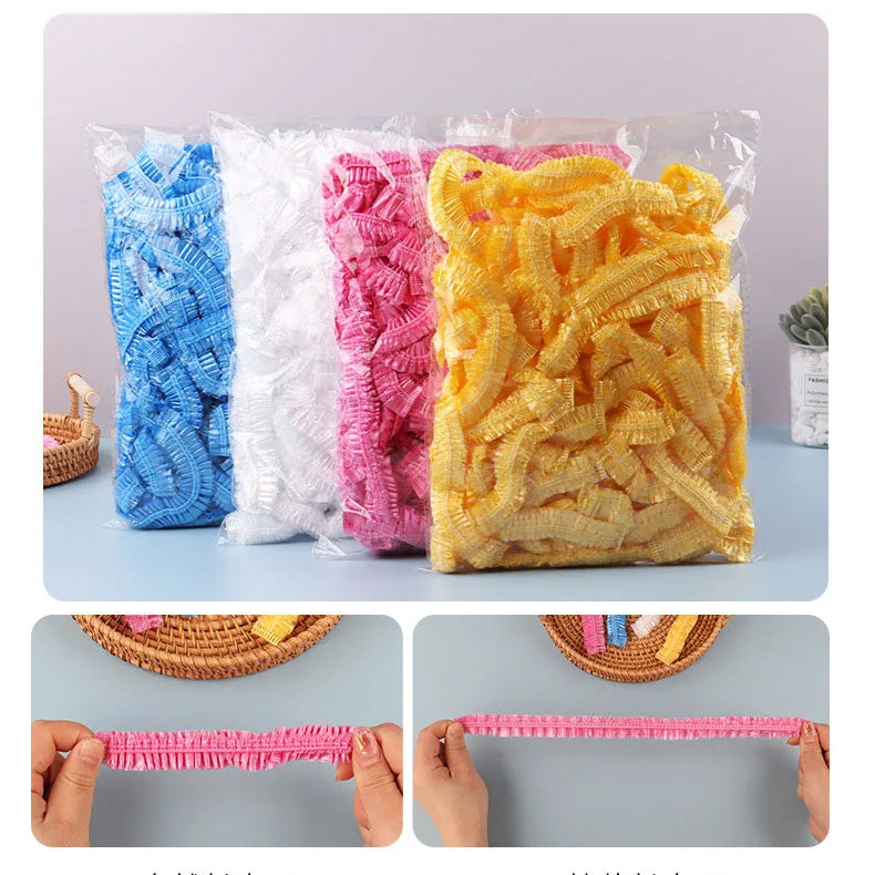 100Pcs Shower Cap Head Cover Elastic Plastic Thickened Pink Round Cover Food Kitchen Bathroom Accessories Food Preservation Bag Qme