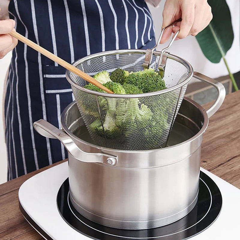 French Chip Frying Strainer Basket Stainless Steel Deep Fry Basket Kitchen Round Fryer Wire Mesh With Handle Wire Colander Nets Qme
