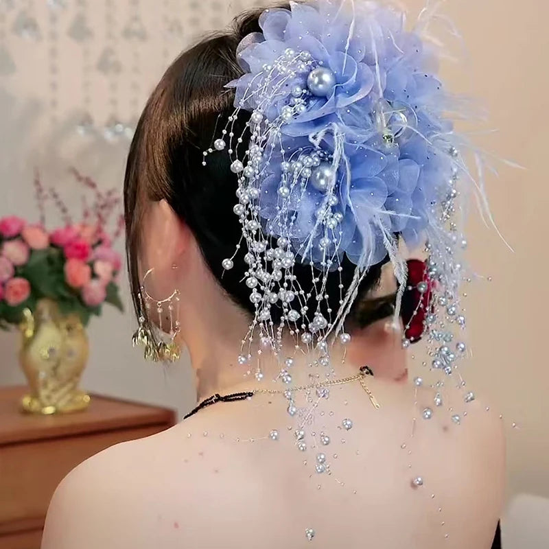 New Women's Luxury Mesh Flower Pearl Tassel Hair Clips Spring Festival Decoration Women's Fluffy Shark Hair Accessories. Qme